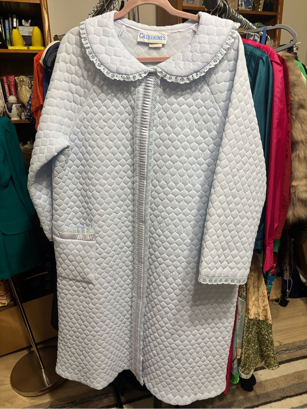 Vintage Catherines 1X Blue Quilted Robe Lace Trim Peter Pan Collar Cottagecore